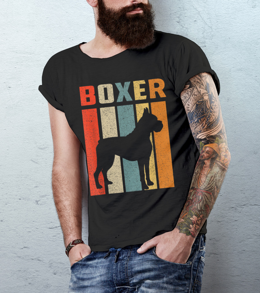 Boxer Dog 70s Vintage Boxer Retro Silhouette Stripes T-Shirt