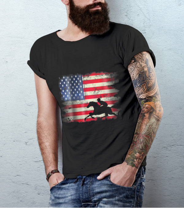 USA American Flag With Equestrian Silhouette Patriotic T-Shirt