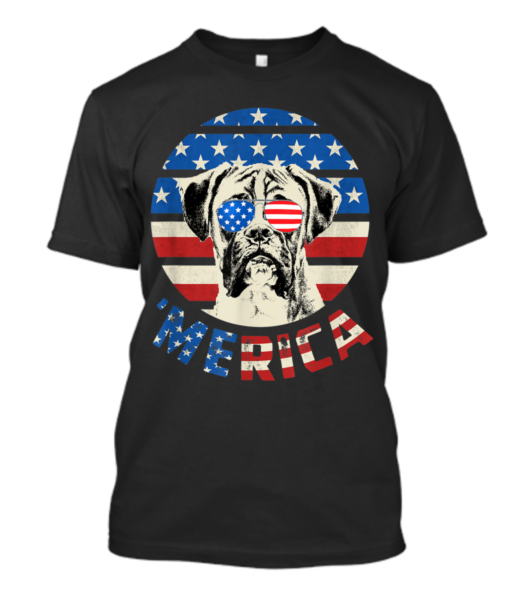 Boxer Dog Wearing American Flag Sunglasses 'Merica USA Flag Background T-Shirt