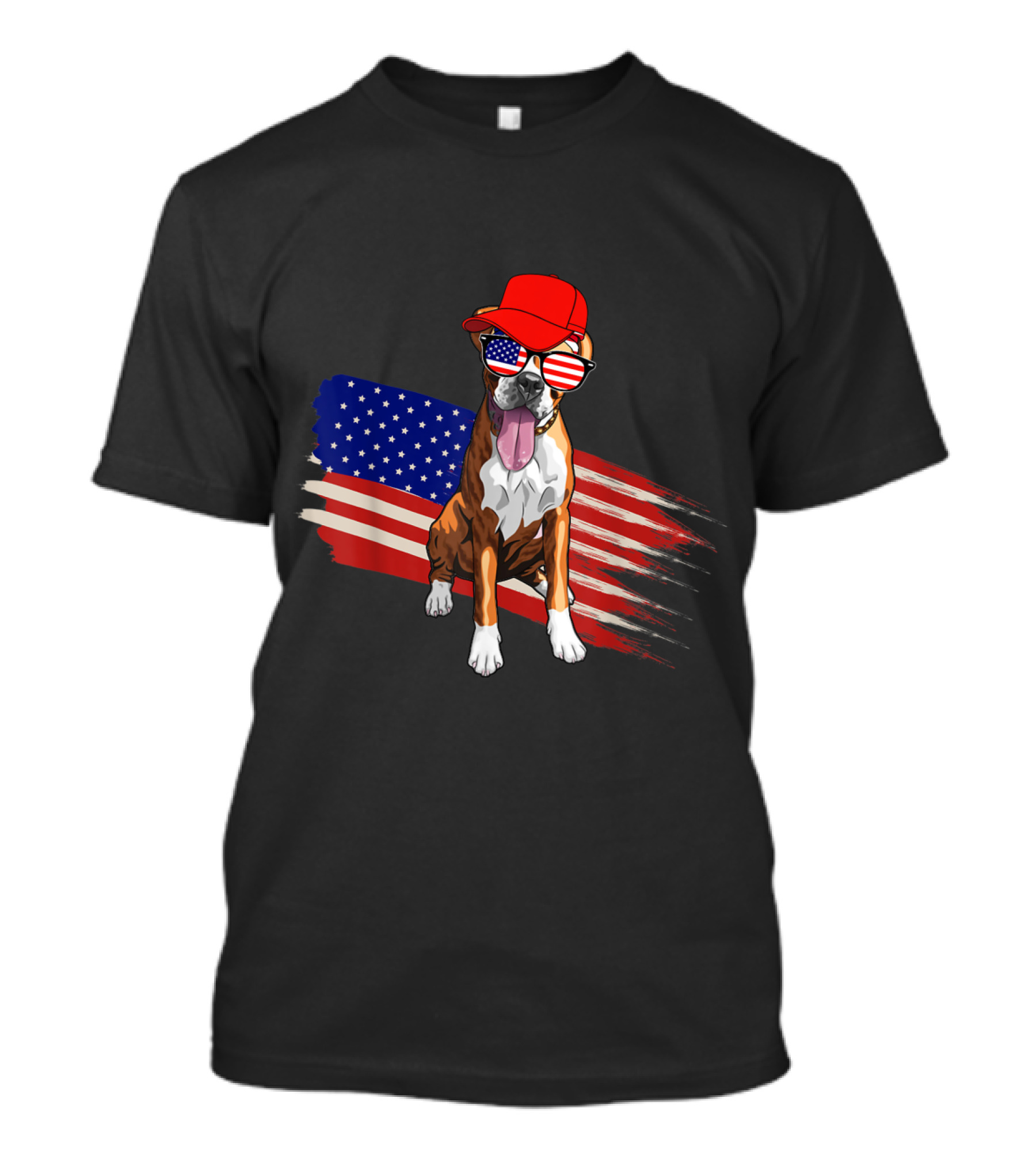 Boxer Dog With American Flag In Sunglasses And Red Cap USA Patriotic T-Shirt
