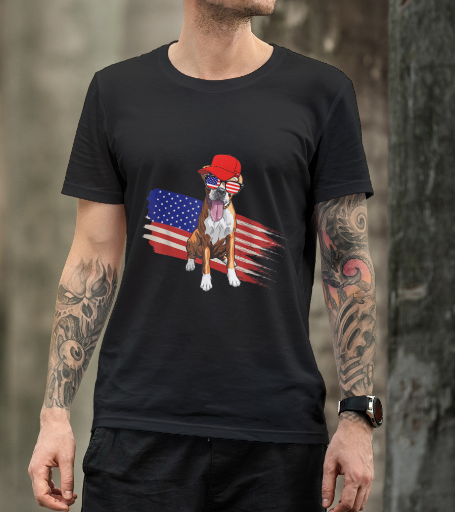 Boxer Dog With American Flag In Sunglasses And Red Cap USA Patriotic T-Shirt