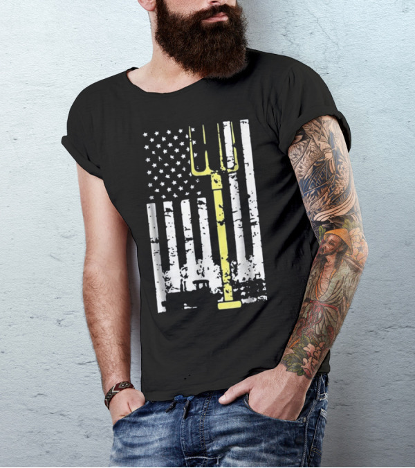 Tractor Rancher American Flag Farm Patriotic Pitchfork T-Shirt