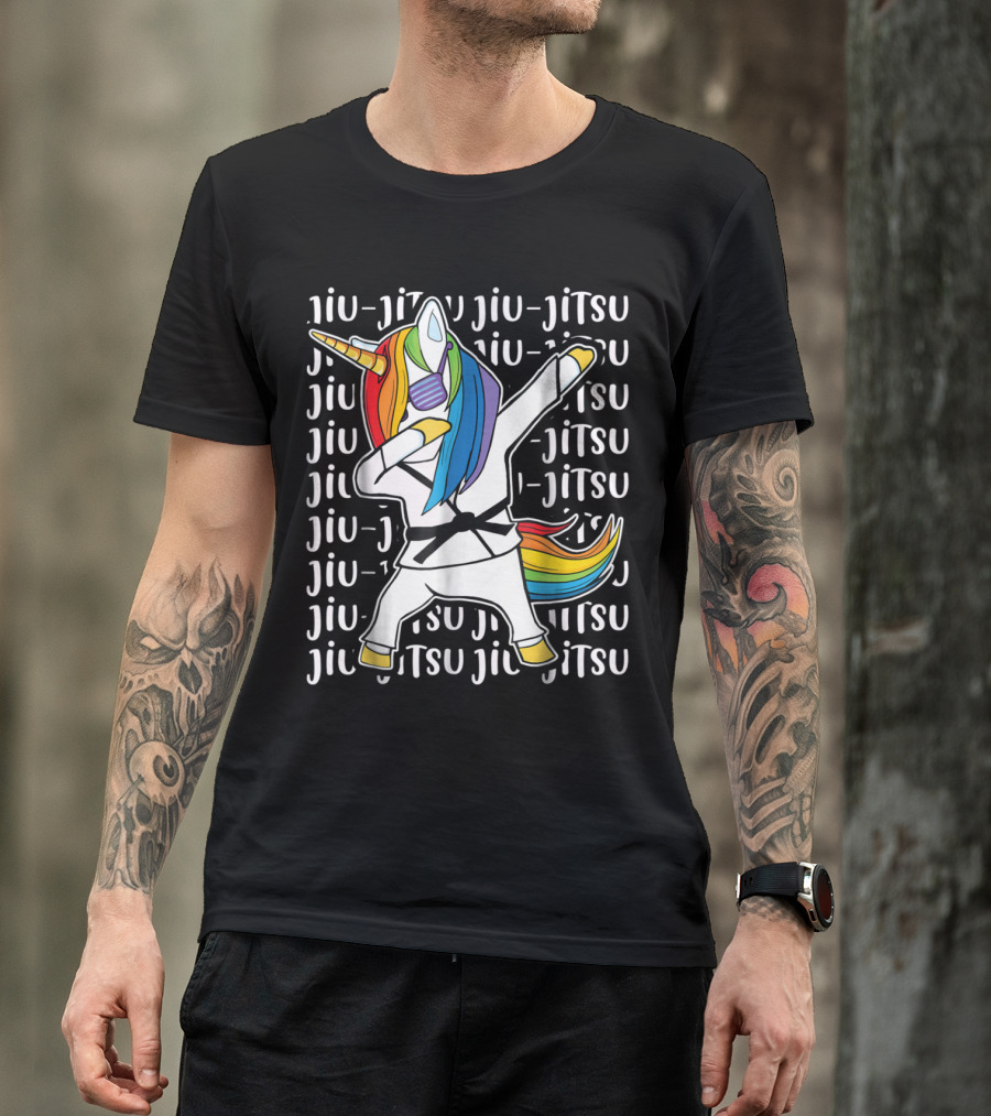 Jiu Jitsu Dabbing Unicorn Rainbow Gi Black Belt T-Shirt