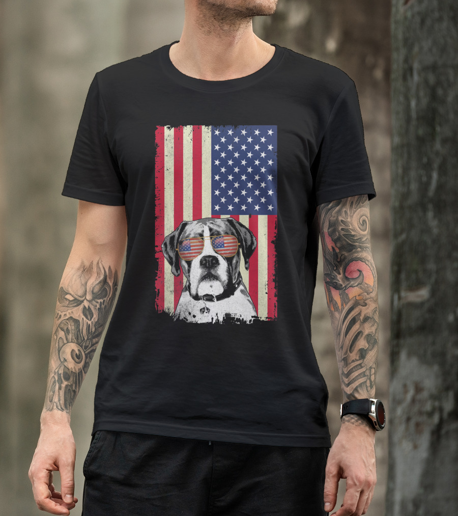 Boxer Dog With American Flag Sunglasses In Front Of American Flag T-Shirt