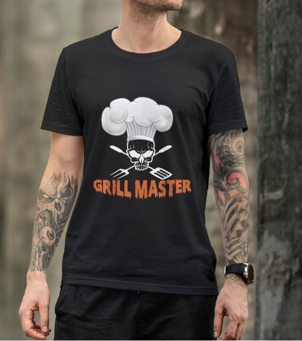Grill Master Skull Chef With Cap And Crossed Utensils T-Shirt
