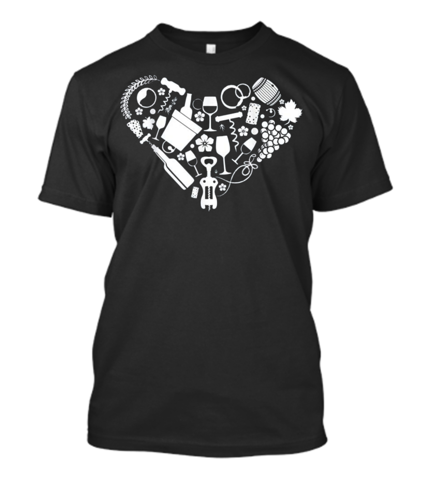 Wine Elements Heart With Corkscrews, Glasses, Grapes, Bottles, And Barrel T-Shirt
