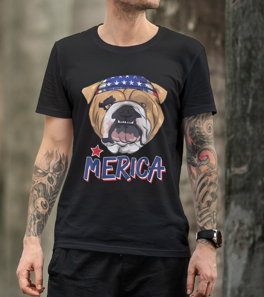 Grumpy English Bulldog Merica Star Bandana T-Shirt