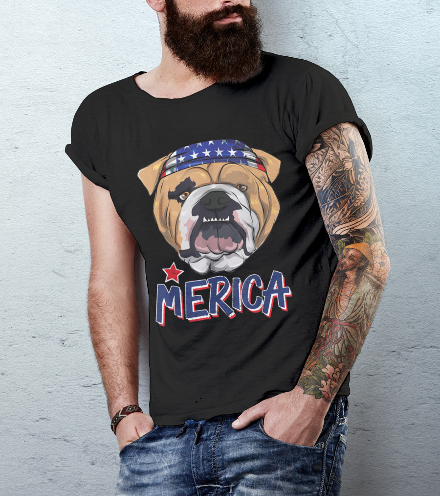 Grumpy English Bulldog Merica Star Bandana T-Shirt