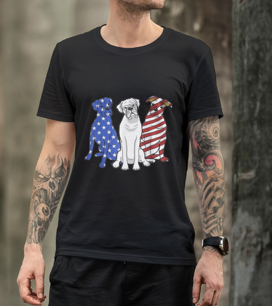 Boxer Dog Trio American Flag Stars And Stripes Merica Pat T-Shirt