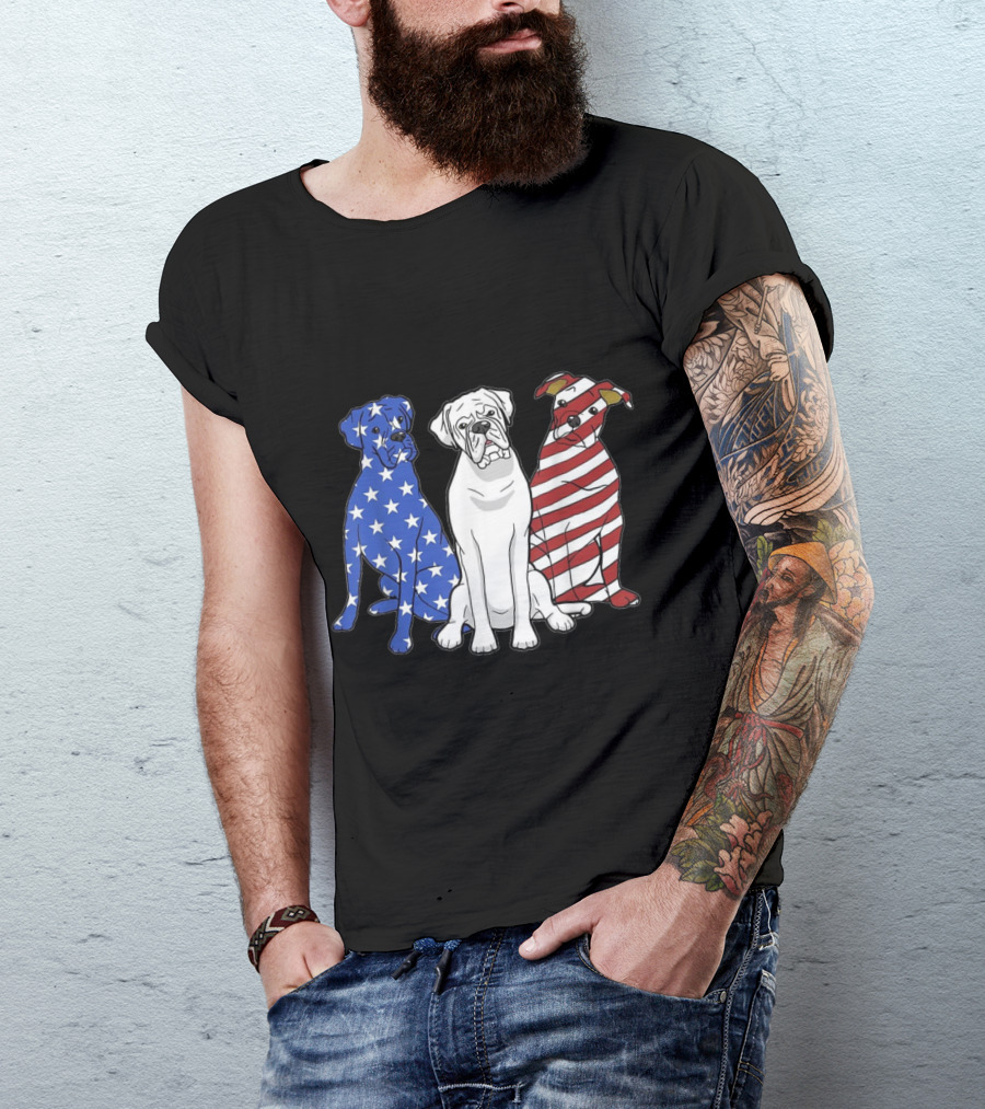Boxer Dog Trio American Flag Stars And Stripes Merica Pat T-Shirt