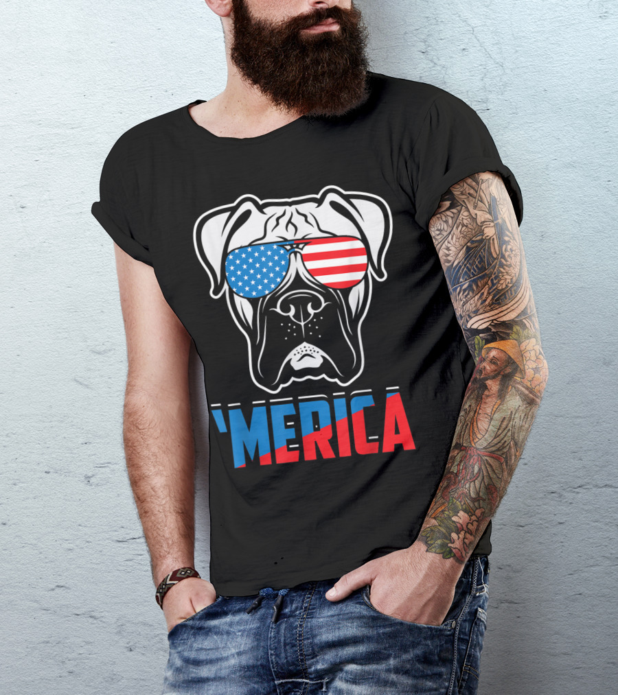 Boxer Dog 'Merica USA Flag Sunglasses Patriot T-Shirt