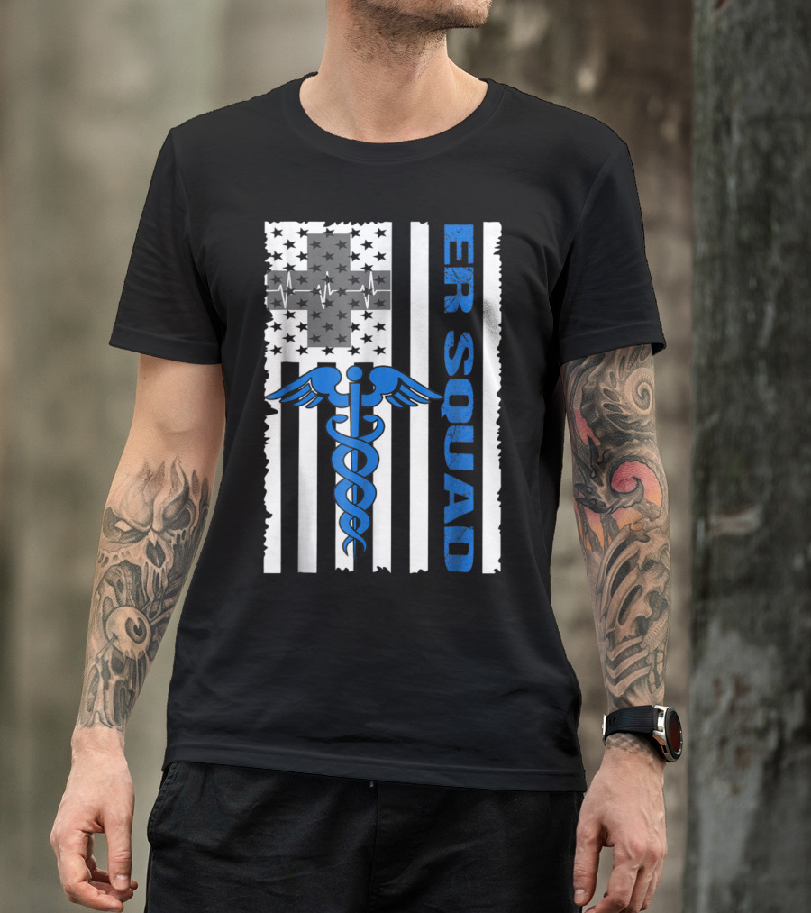 Caduceus Symbol ER Squad American Flag Emergency Room Hospital Nurse Doctor T-Shirt