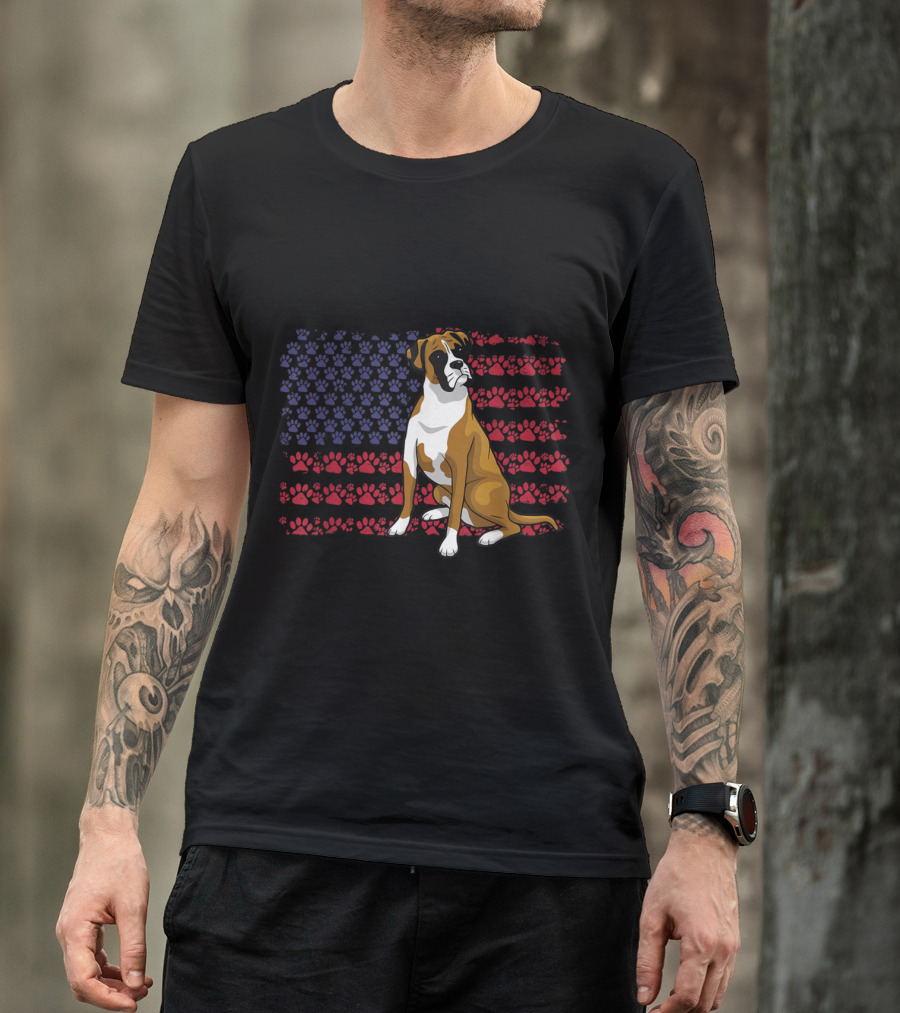 Boxer Dog With Paw Print American Flag T-Shirt