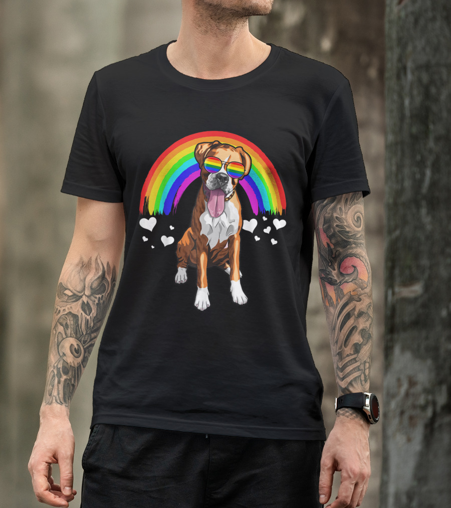 Boxer Dog With Rainbow Sunglasses And Hearts Pride LGBT T-Shirt