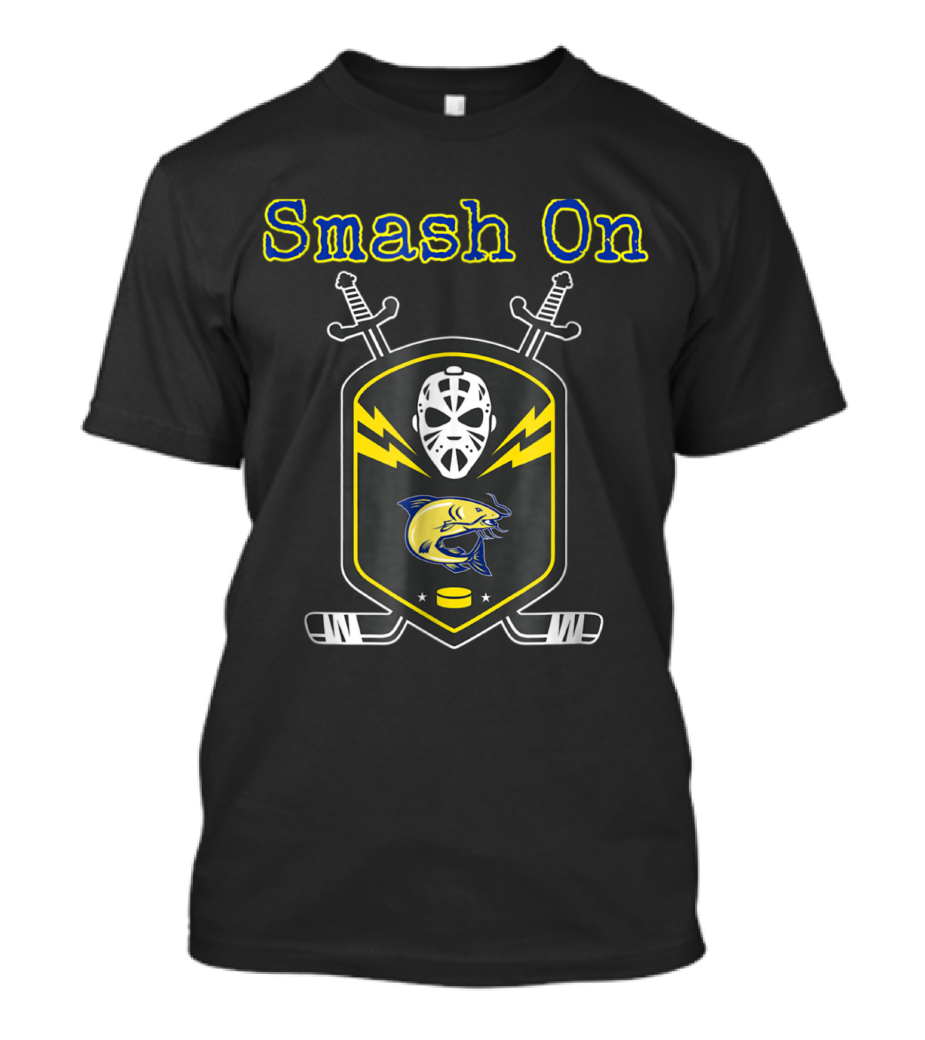 Smash On Funny Ice Hockey Catfish Mask Shield Crossed Swords T-Shirt