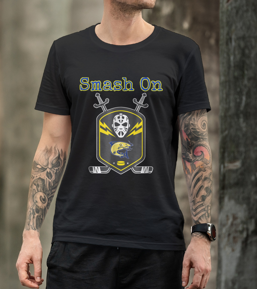 Smash On Funny Ice Hockey Catfish Mask Shield Crossed Swords T-Shirt