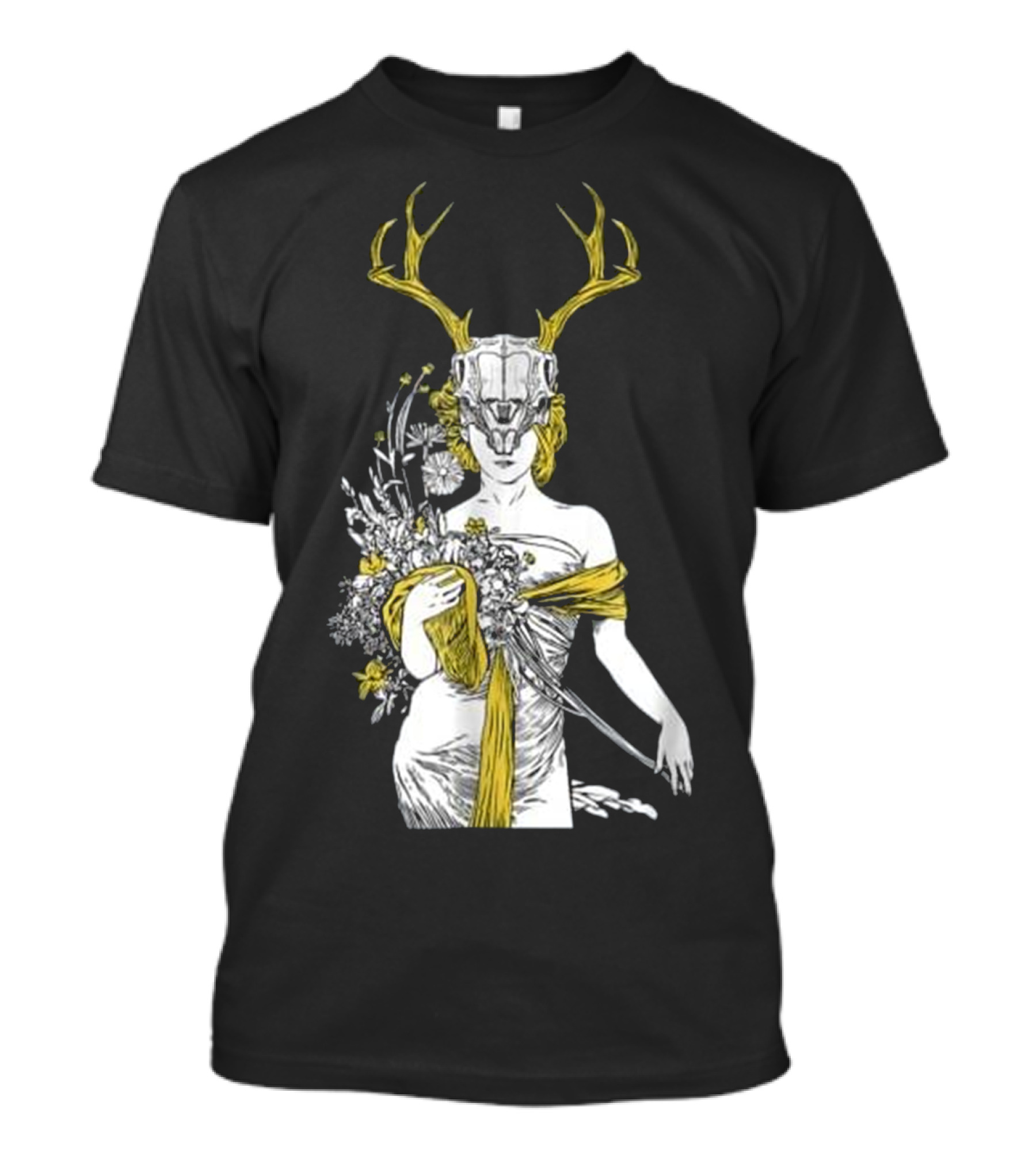 Witch Village Pagan Wicca Deer Antlers Floral Gown T-Shirt