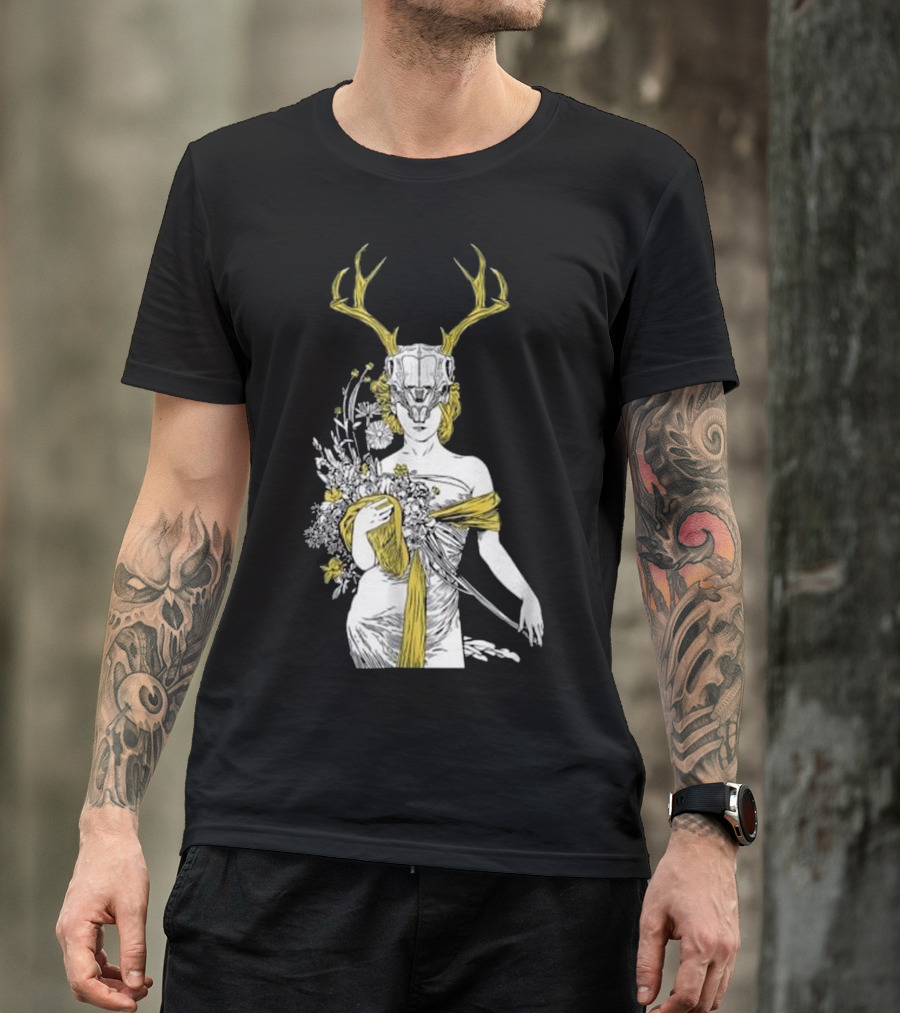 Witch Village Pagan Wicca Deer Antlers Floral Gown T-Shirt