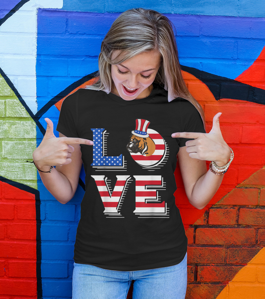Boxer Love American Flag Patriotic Fourth Of July T-Shirt
