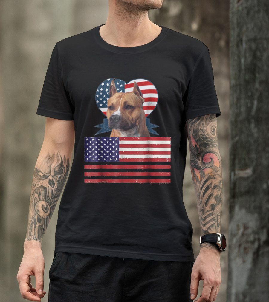 I Love My Pitbull American Flag Heart Duo T-Shirt