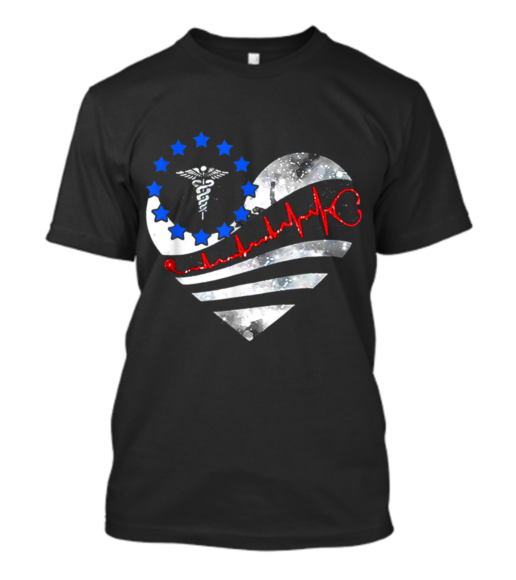 Heart Shaped Nursing Caduceus Stars And Stripes With Red Heartbeat Line T-Shirt