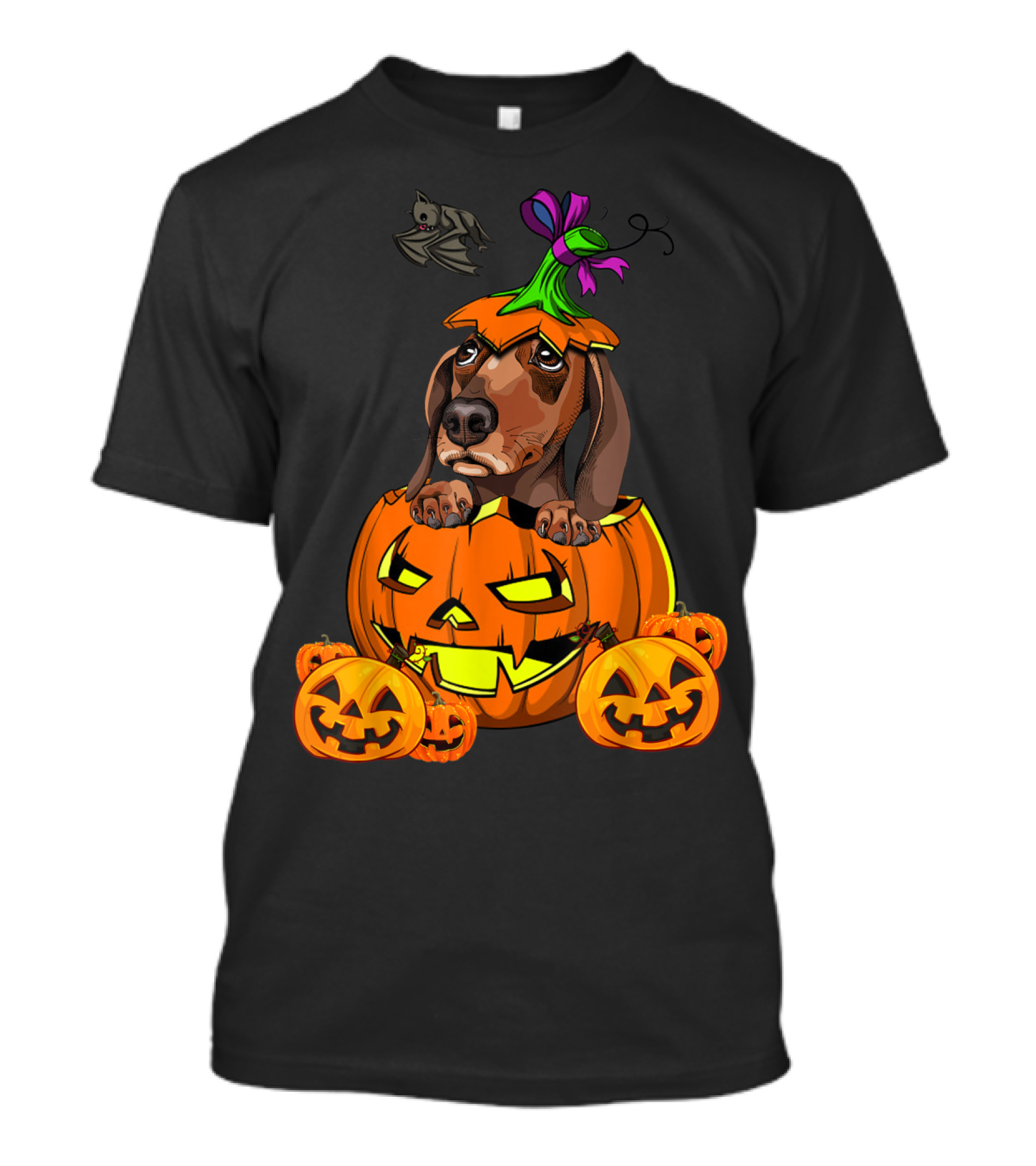 Halloween Dachshund With Jack-O'-Lantern Pumpkin And Bat Decor T-Shirt