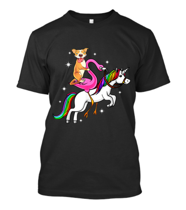 Cute Pitbull Riding Flamingo On Unicorn With Rainbow Mane T-Shirt