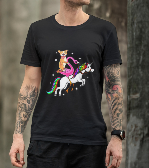 Cute Pitbull Riding Flamingo On Unicorn With Rainbow Mane T-Shirt