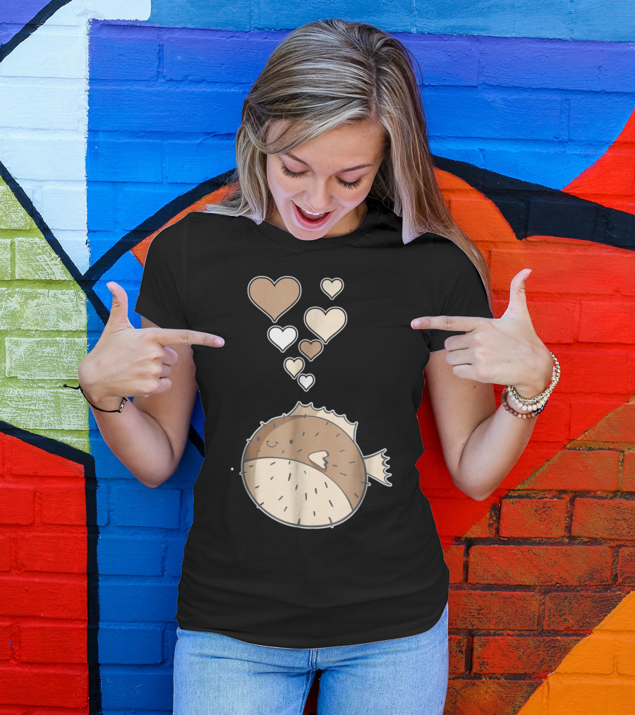 Cute Puffer Fish With Floating Hearts I Love T-Shirt