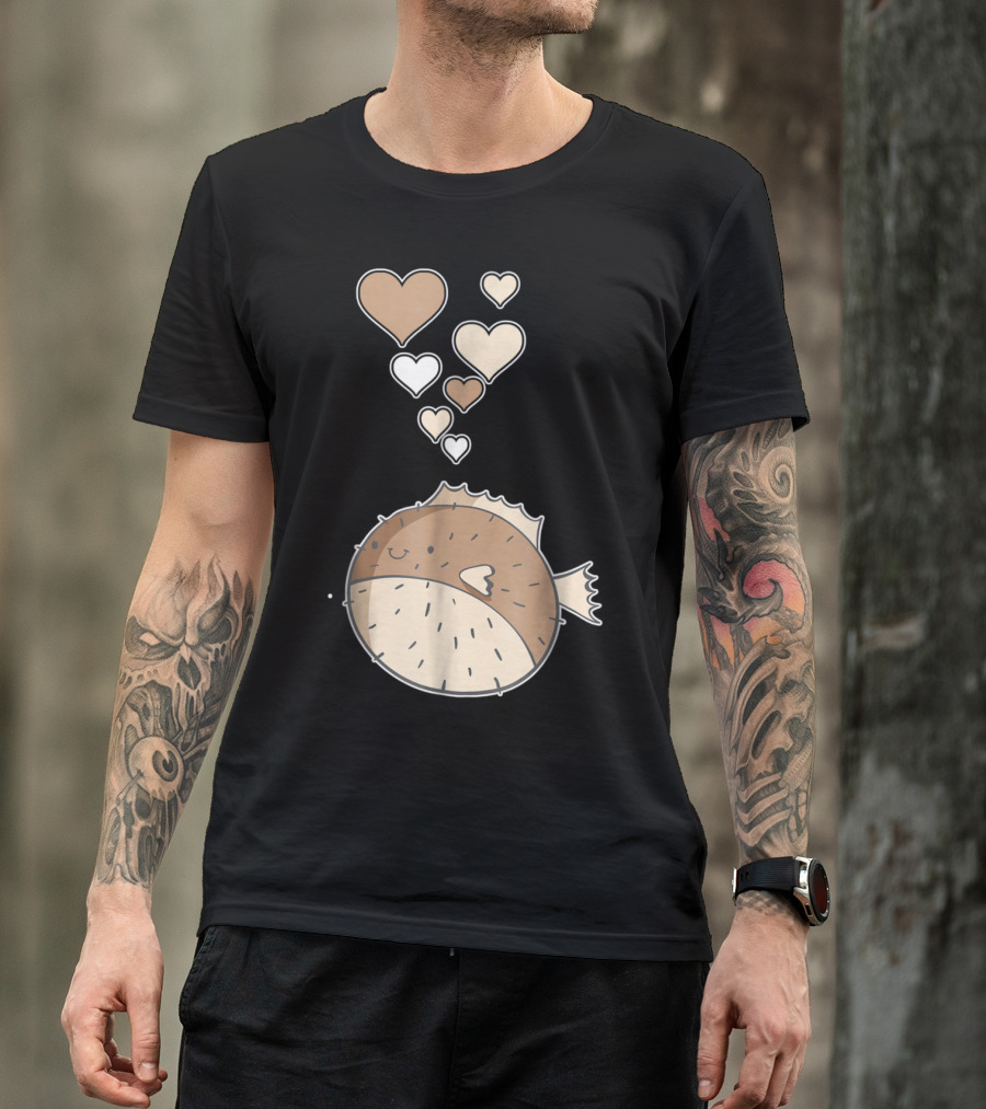 Cute Puffer Fish With Floating Hearts I Love T-Shirt
