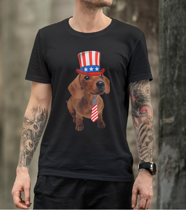 Dachshund Patriotic Dog In Stars And Stripes Top Hat And Tie T-Shirt