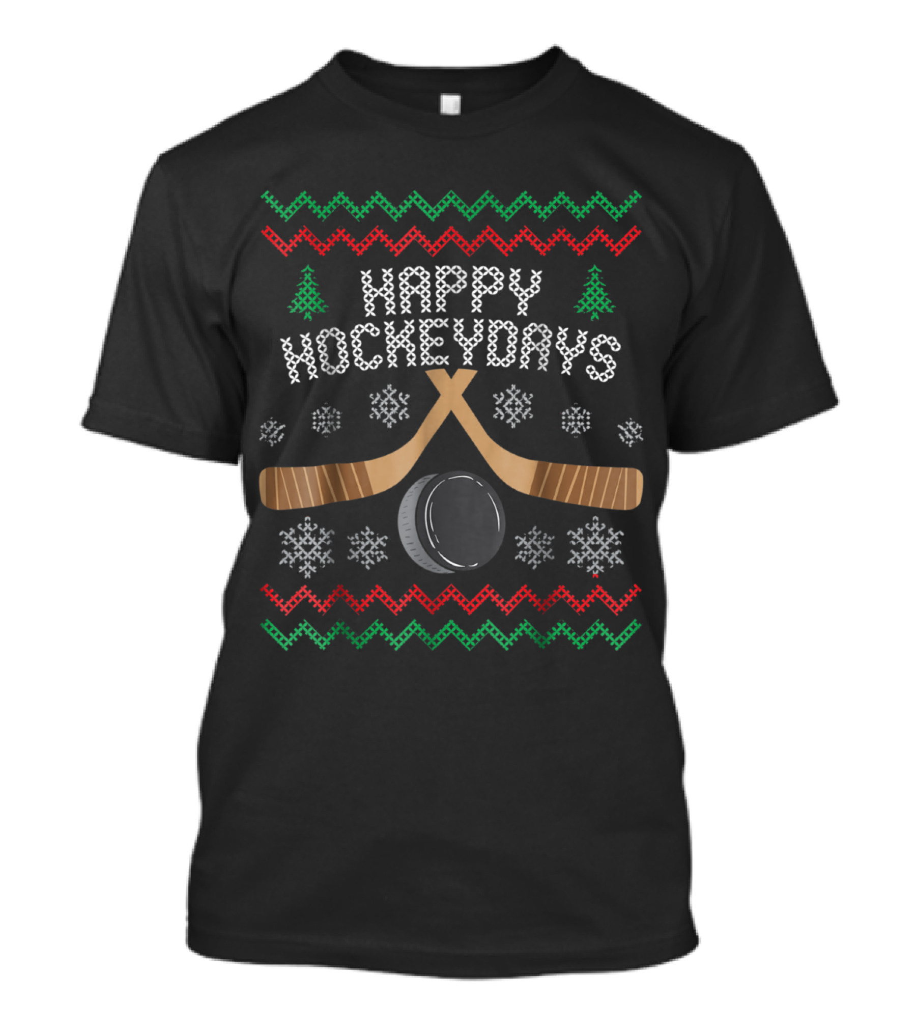 Happy Hockeydays Ugly Christmas Sweater With Hockey Sticks And Snowflakes T-Shirt
