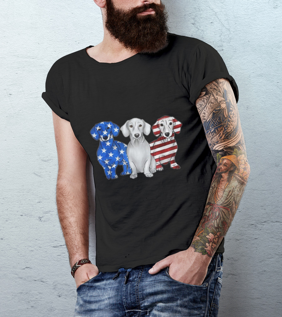 Dachshund Trio American Flag T-Shirt