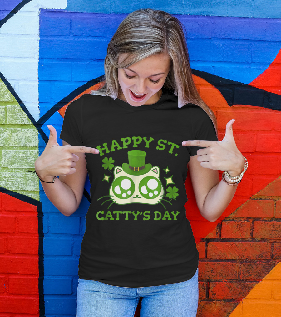 Happy St. Catty's Day St Patricks Funny Cat Lucky Shamrock Pawprints T-Shirt