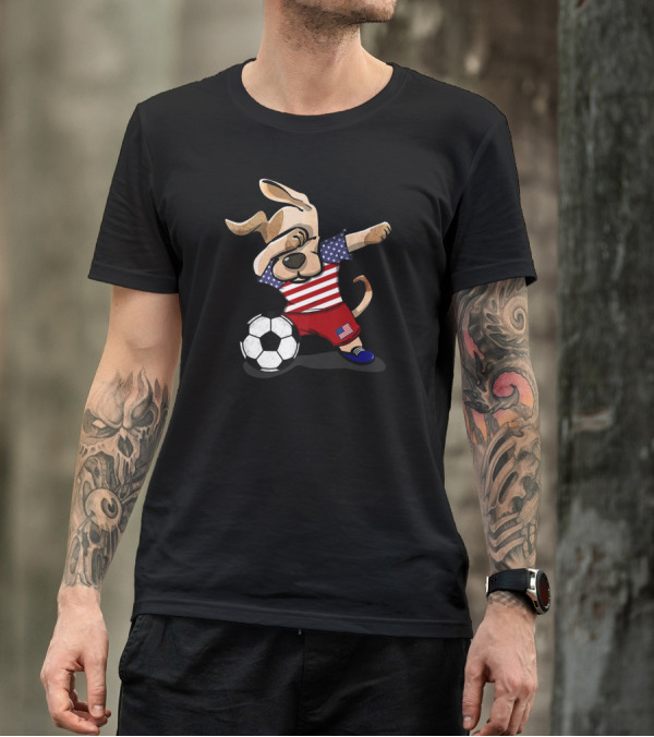 USA Dog Dabbing Soccer Boy American Flag Footballer United States T-Shirt