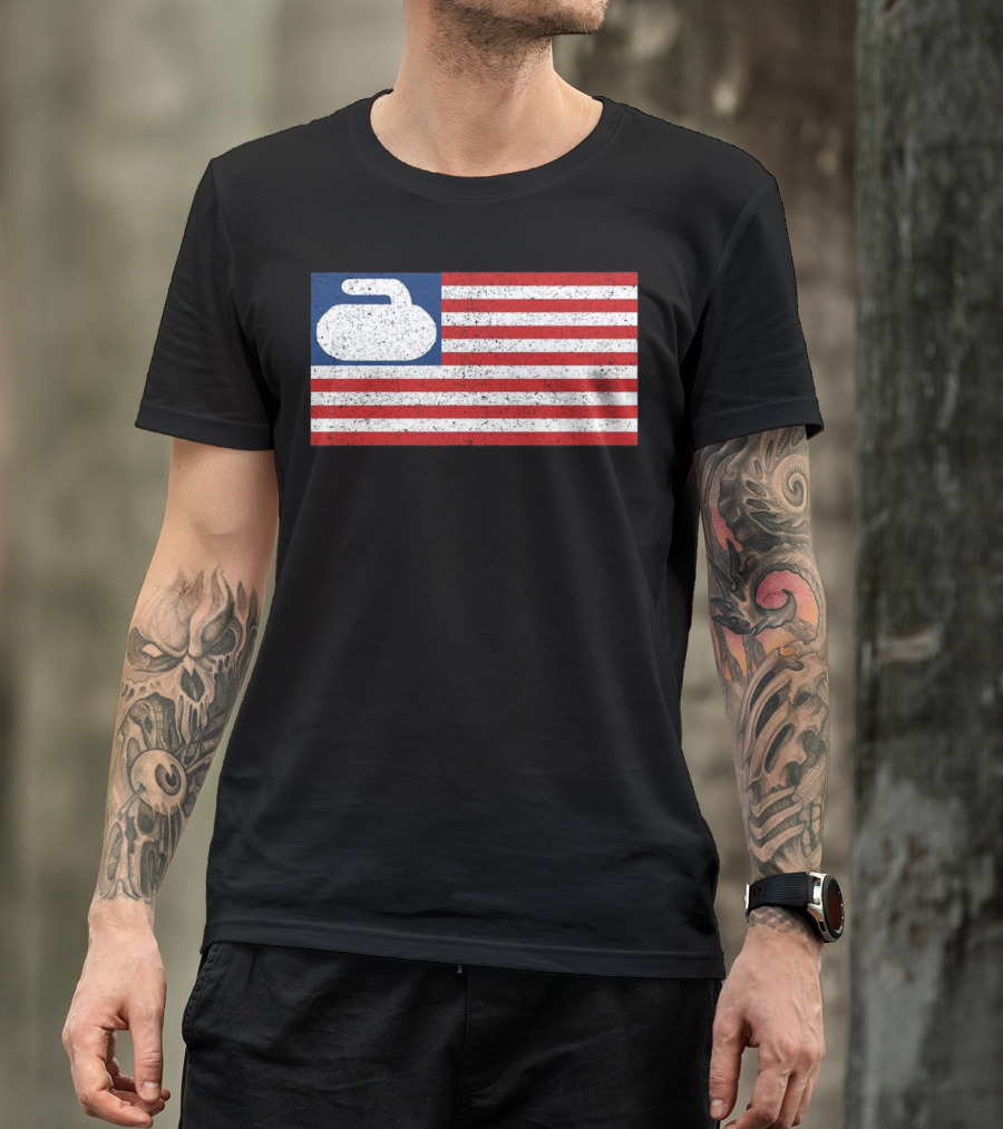 USA Flag With Curling Stone T-Shirt