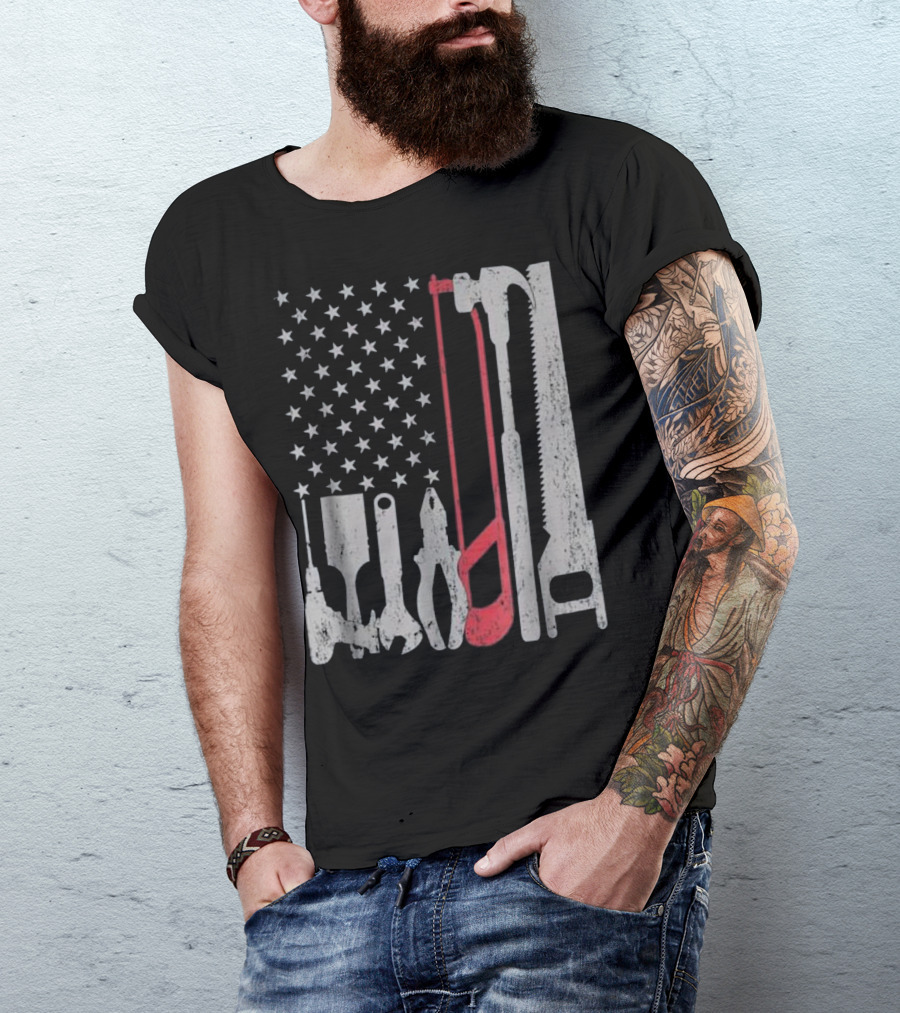 USA Flag Woodworking Tools Funny American T-Shirt