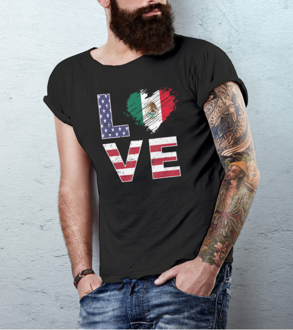 LOVE USA Mexico Flag Heart Mexican American T-Shirt
