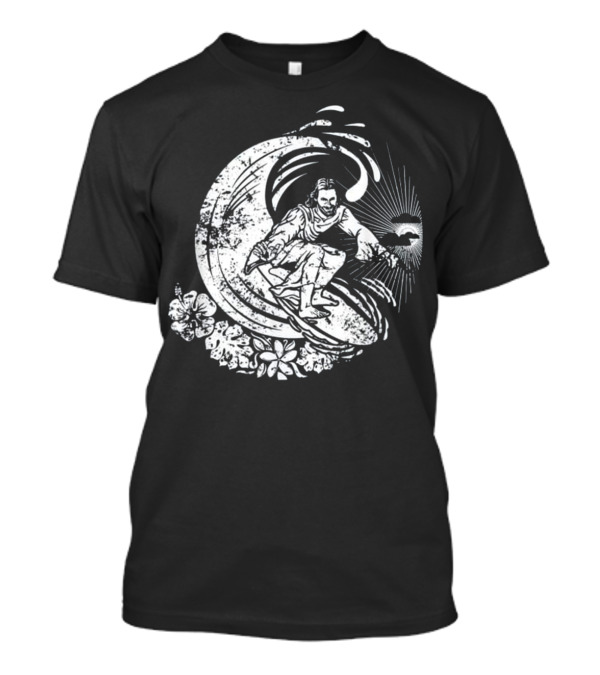 Surfing Jesus Riding Vintage Distressed Wave With Flowers T-Shirt
