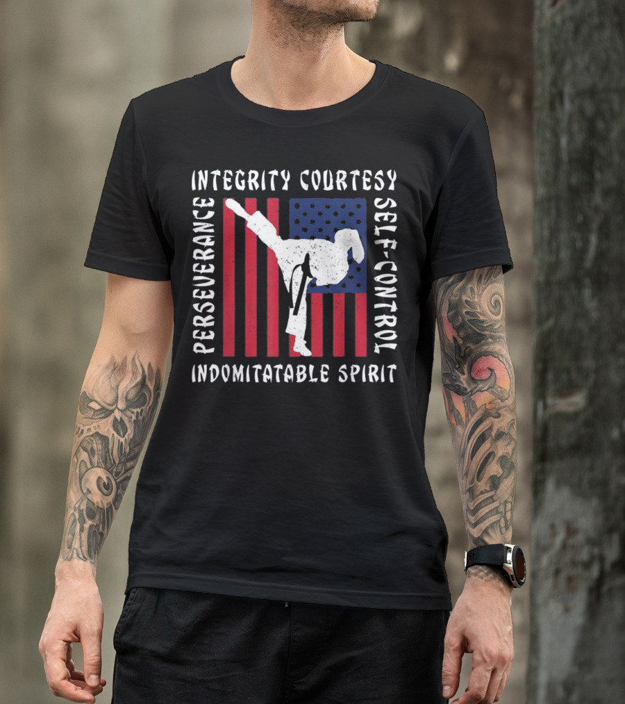 Taekwondo Perseverance Integrity Courtesy Self-Control Indomitable Spirit American Flag T-Shirt