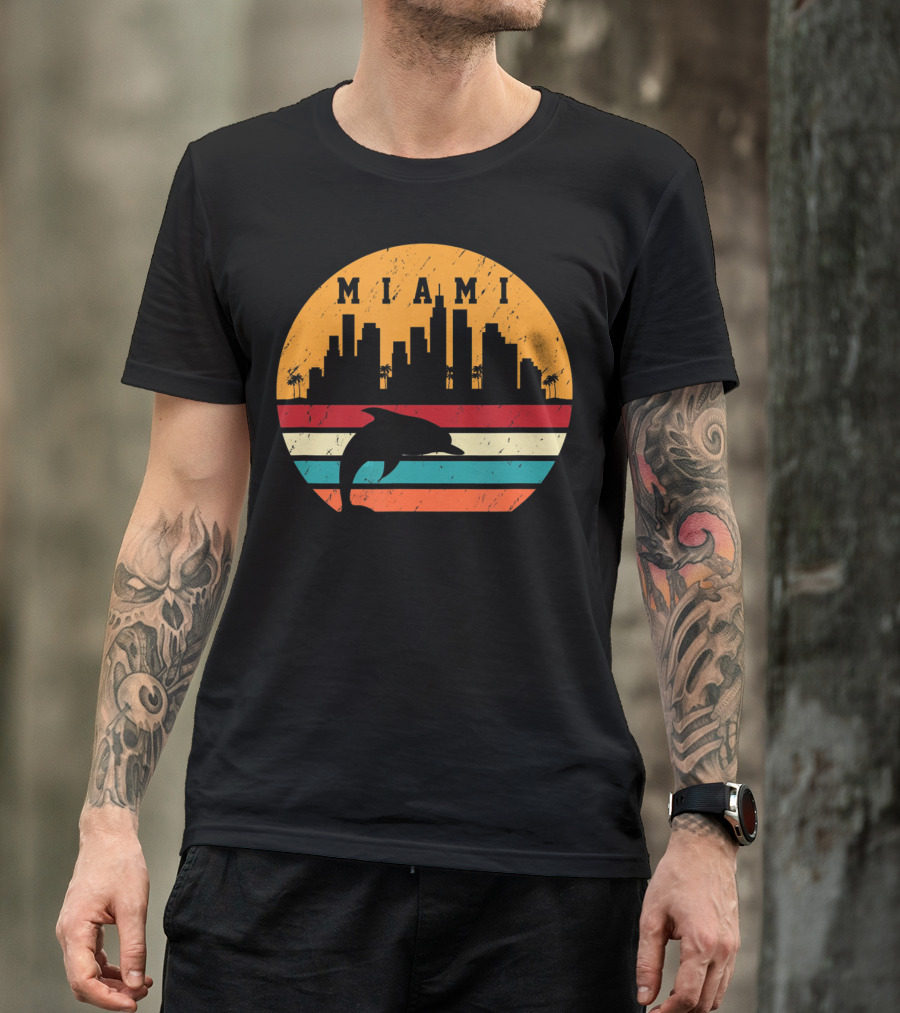 Vintage Miami 80s Dolphin Silhouette City Skyline Sunset Retro Stripes T-Shirt
