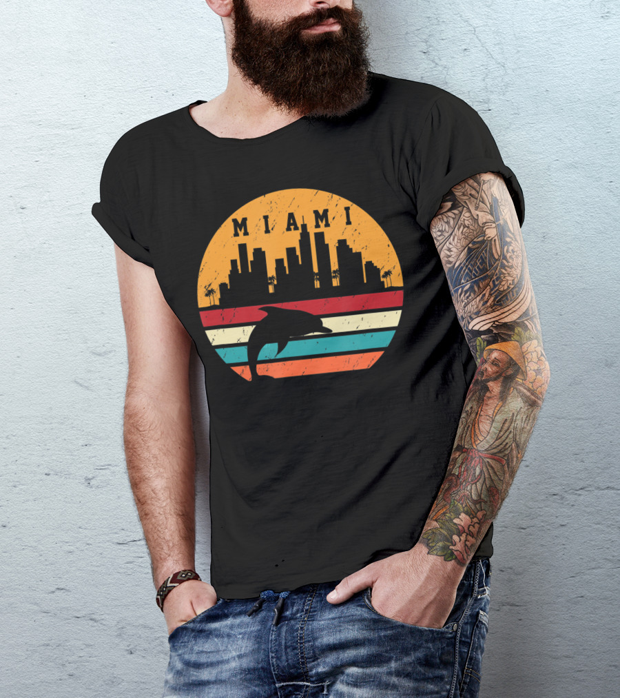 Vintage Miami 80s Dolphin Silhouette City Skyline Sunset Retro Stripes T-Shirt