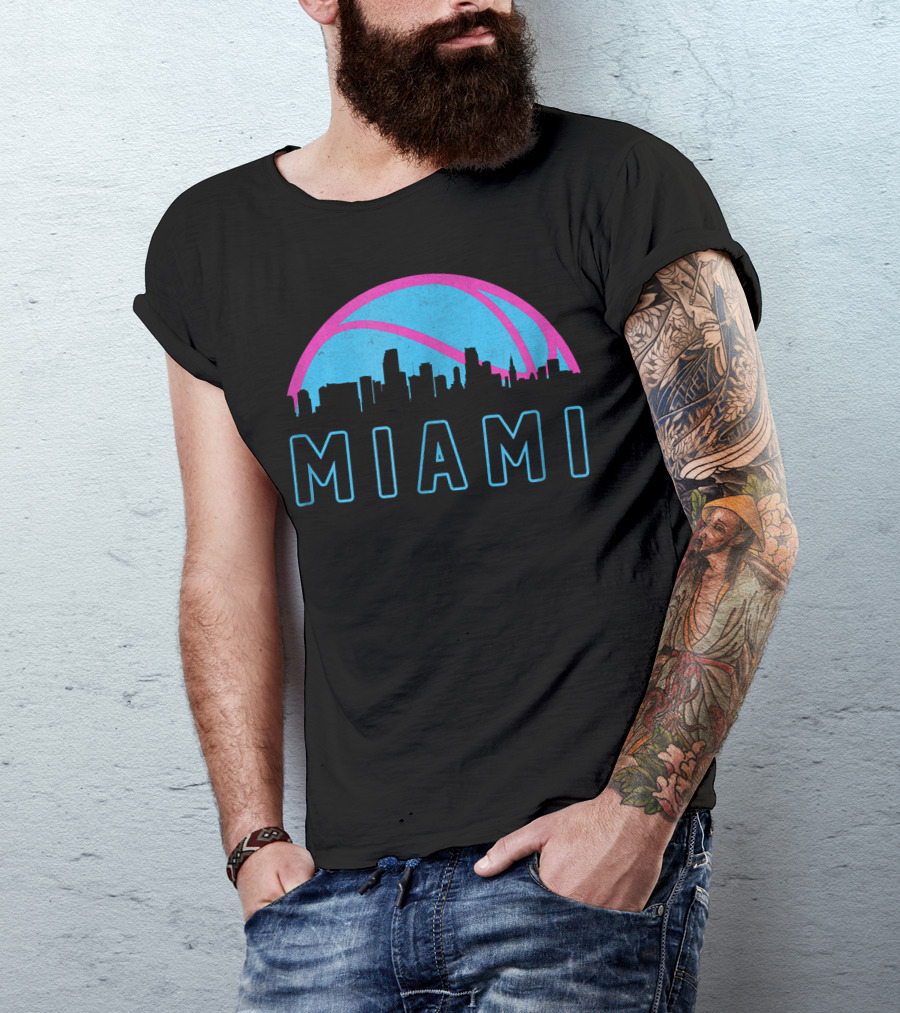 Vintage Miami Florida Cityscape Skyline Retro Basketball T-Shirt