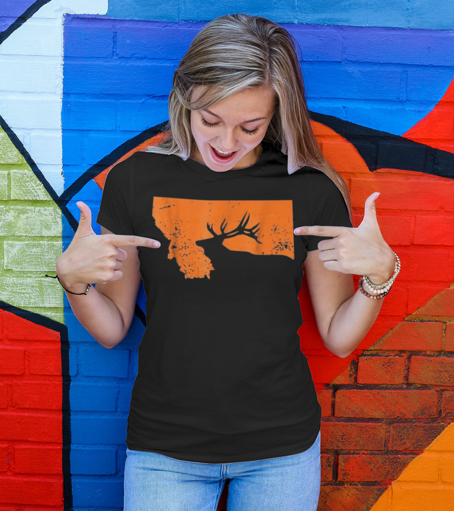 Vintage Montana Elk Hunting Silhouette Orange Map T-Shirt