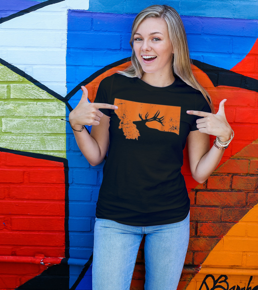 Vintage Montana Elk Hunting Silhouette Orange Map T-Shirt