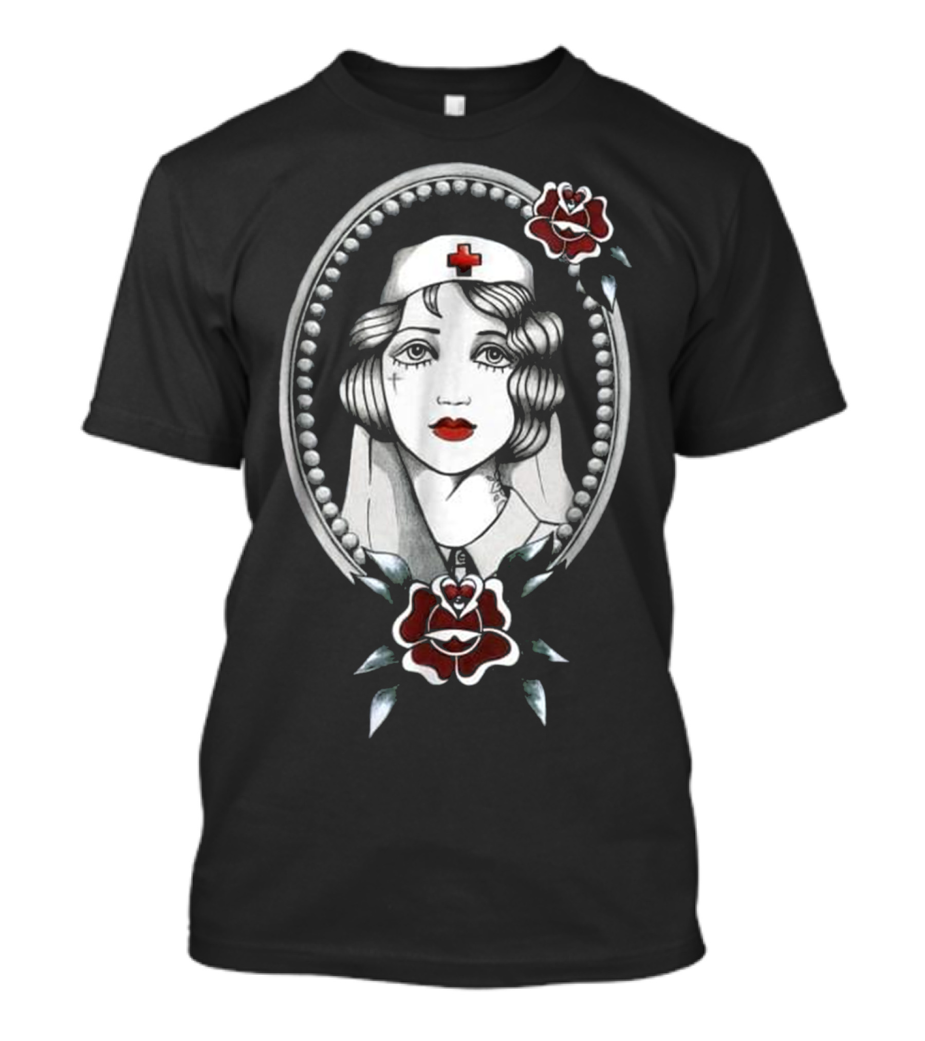 Vintage Oldschool Inked Nurse With Roses In Ornate Frame T-Shirt