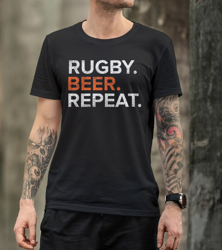 Rugby Beer Repeat Funny Vintage Distress T-Shirt