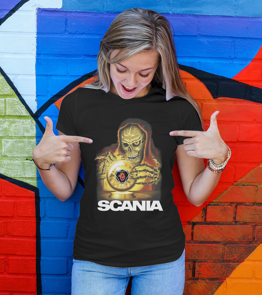 SCANIA Skeleton Hooded Figure With Crystal Ball And Red Lion Emblem T-Shirt