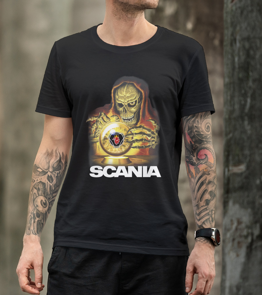 SCANIA Skeleton Hooded Figure With Crystal Ball And Red Lion Emblem T-Shirt