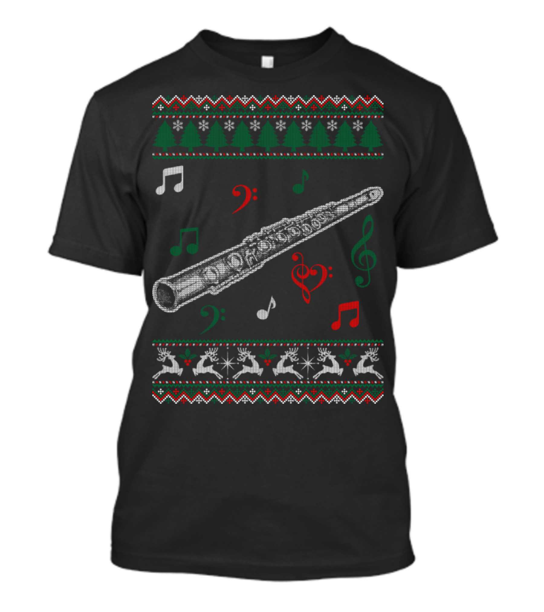 Flute Christmas Tree Musical Notes Reindeer T-Shirt